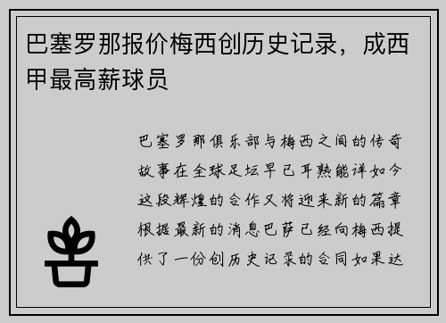 巴塞罗那报价梅西创历史记录，成西甲最高薪球员