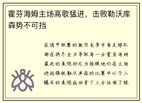 霍芬海姆主场高歌猛进，击败勒沃库森势不可挡